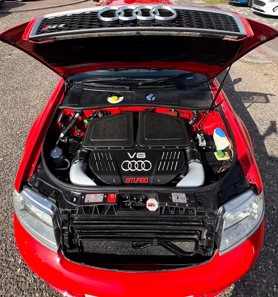 Audi V8 engine bay being worked on at Prime Automotive Shoeburyness — hands-on Audi specialist work